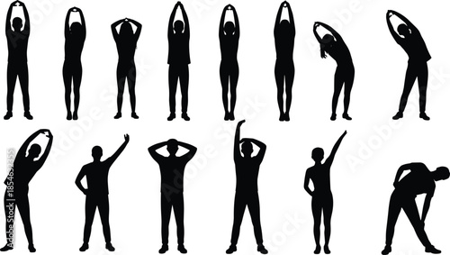 Stretching silhouette poses, fitness warm-up icons, black human figures, flexibility exercise shapes, workout movements, isolated stretch design, yoga posture clipart