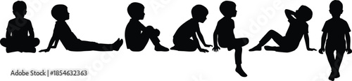 Child silhouette icons, seated and reclining poses, black figures, relaxed posture clipart, casual body language, isolated design, vector set