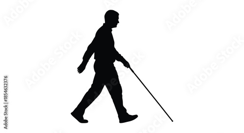 A solitary figure walking with a cane depicted in a stark black and white silhouette
