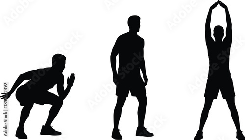 Exercise pose silhouettes, stretching figure, squatting stance, fitness vector, body movement, black illustration, workout concept, physical activity, warm-up posture