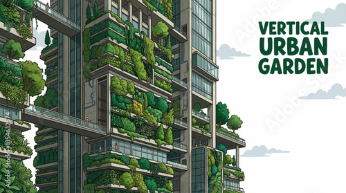 vertical urban garden integrated into city architecture, featuring layered green walls, compact plants, and sustainable design for modern metropolitan environments