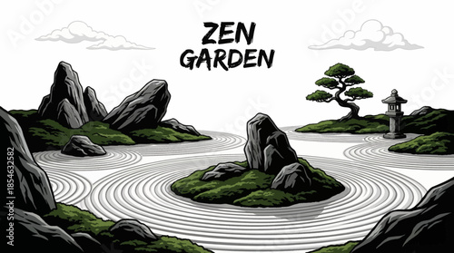 Japanese Zen garden featuring raked gravel, natural stones, minimal plants, and balanced composition, symbolizing harmony, meditation, and spiritual connection with nature