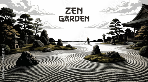 Japanese Zen garden featuring raked gravel, natural stones, minimal plants, and balanced composition, symbolizing harmony, meditation, and spiritual connection with nature