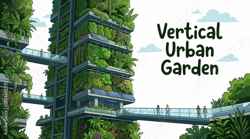 vertical urban garden integrated into city architecture, featuring layered green walls, compact plants, and sustainable design for modern metropolitan environments