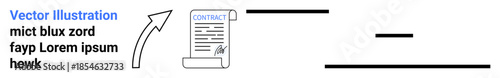 Business agreements, legal documents, signature verification, contract management, corporate workflow, communication. Vector of a contract with a signature and an arrow. Business agreements, legal