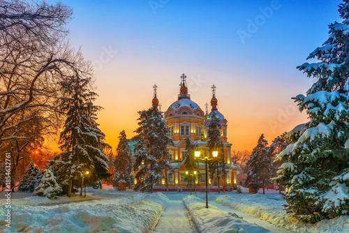 Built in 1907, the unique wooden Orthodox Ascension Cathedral in the Kazakh city of Almaty on a winter evening