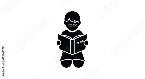 A simple black silhouette of a young boy engrossed in reading a book silhouette