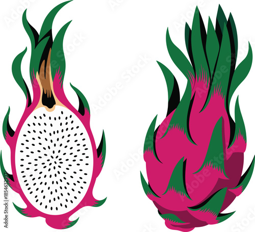 Whole dragon fruit and a halved dragon fruit on a white background pitaya tropical