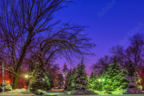 Built in 1907, the unique wooden Orthodox Ascension Cathedral in the Kazakh city of Almaty on a winter evening