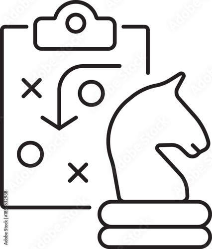 Outline icon of a chess knight next to a clipboard with a strategic plan diagram, representing business strategy and tactical planning.
