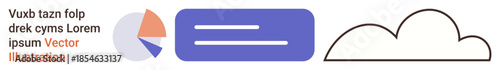 Data visualization, communication, technology storage, cloud platform, equality, process analysis. A pie chart, horizontal bars and cloud outline. Data visualization and communication
