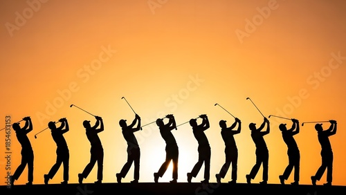 Golfers in motion a series of silhouetted swings at sunset