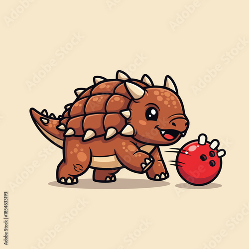 Cute Ankylosaurus Dinosaur Playing Bowling Cartoon.