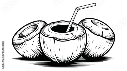 Hand-drawn illustration of three fresh coconuts, one with a drinking straw