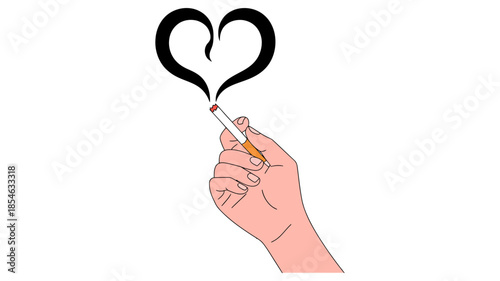 A hand holding a lit cigarette, smoke artistically forming a black heart outline
