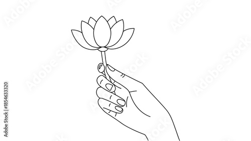 A delicate minimalist line art drawing of a human hand holding a beautiful lotus flower