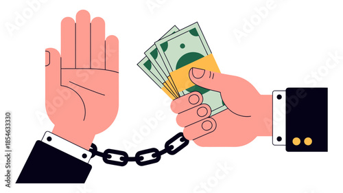 Hand refusing bribe with chain representing financial entrapment