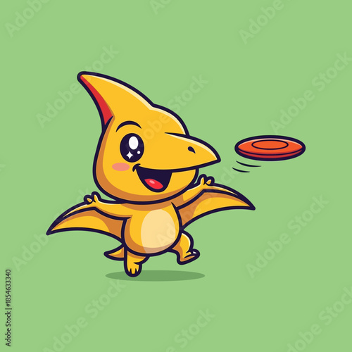 Cute Pterodactyl Playing Frisbee Cartoon.