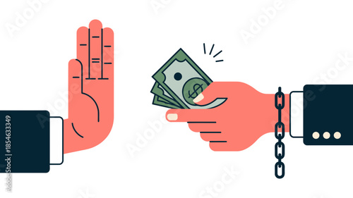Hand in stop gesture refusing money from a chained hand, symbolizing anti-corruption and ethical choices