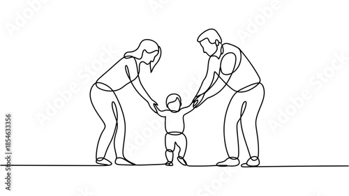 Continuous line drawing of parents helping their baby learn to walk