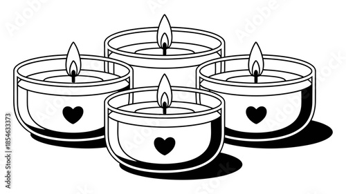 Four lit tea light candles in glass holders with heart pattern