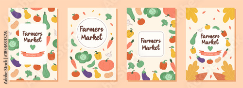 Collection of 4 Vertical posters for farmers market. Banner for harvest festival on beige background in flat style. Autumn and harvesting concept. Vector illustration.