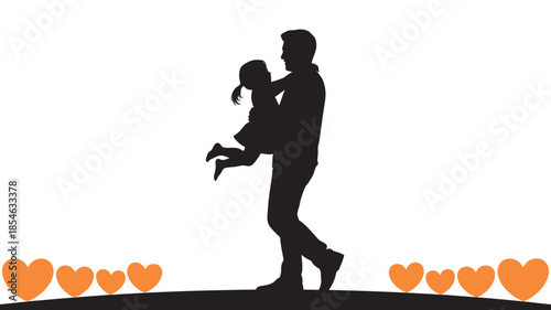 Silhouette of a loving father carrying his daughter, with hearts at the bottom