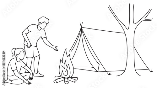 Line art illustration of two people camping, featuring a roaring campfire and a tent pitched near a tree