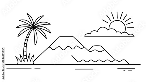 Minimalist black and white line art illustration of a tropical island landscape with a palm tree, mountains, sun, and clouds
