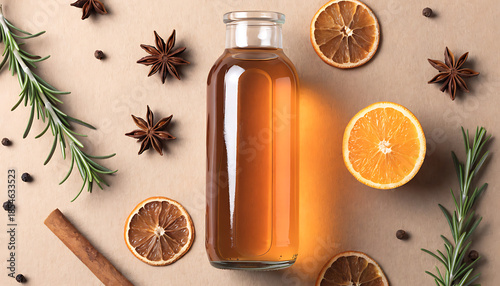 Wallpaper Mural Natural olive oil and herbal spices in a glass bottle with essential oil and green herbs for organic aromatherapy, wellness massage, and alternative beauty treatment isolated on white Torontodigital.ca