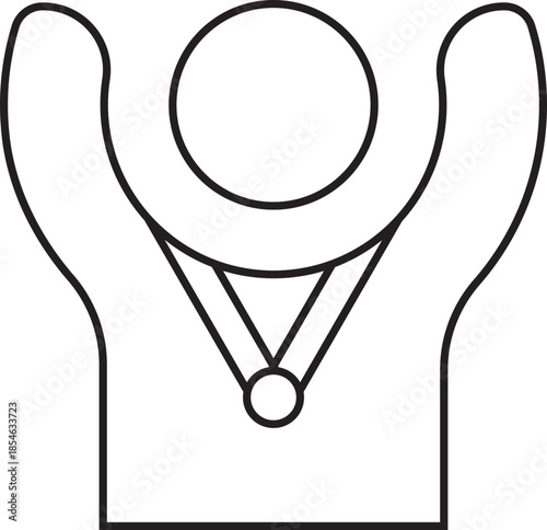 Simple line art drawing of a stylized person with raised arms wearing a medal, symbolizing victory and achievement.