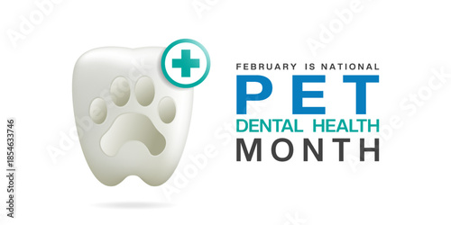 February is National Pet Dental Health Month. Tooth, pet icon and plus icon. Great for cards, banners, posters, social media and more. White background.  