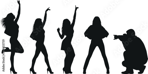 Fashion Model Silhouette Set with Professional Photographer Capturing Dynamic Poses for Studio Photoshoot Lifestyle Editorial and Creative Advertising Vector Illustration