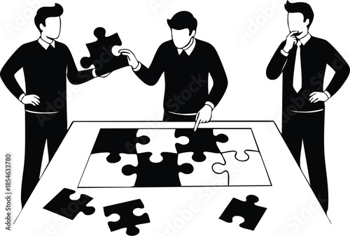 Black and white vector of professional men solving a puzzle for teamwork success.