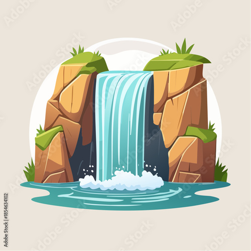 Cartoon illustration of a waterfall cascading between rocky cliffs into a pool of water.
