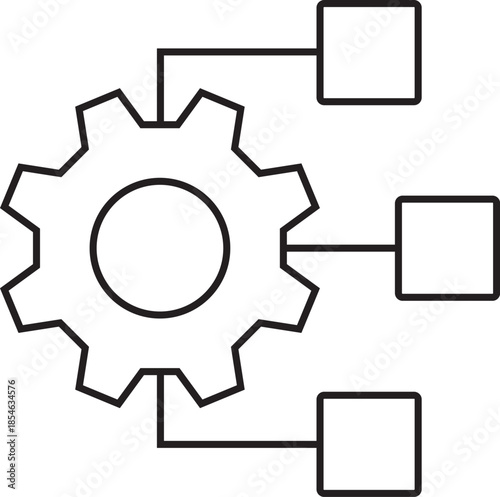 A simple line art illustration of a gear connected to three rectangular boxes, symbolizing a process, system, or configuration.