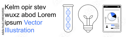 Science, innovation, technology, biotechnology, data analysis, digital design. Test tube with DNA helix, light bulb data report. Science and innovation concepts