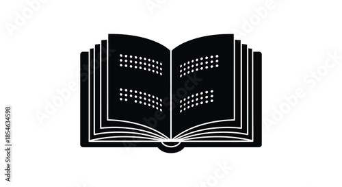 An open book with detailed pages presented in a striking black and white silhouette