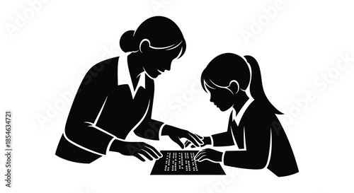 A teacher and student engaging in learning focused on a shared document silhouette