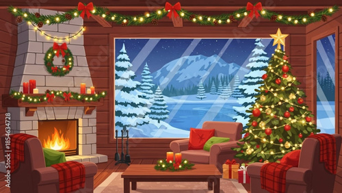 Cozy living room with christmas tree, fireplace, and snowy mountain view through large window, decorated with garlands and lights, warm