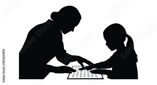 A tender moment captured in black mother and daughter interacting with a book silhouette
