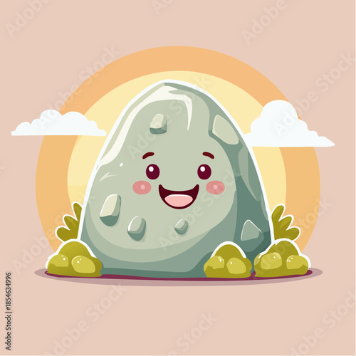 Cartoon illustration of a happy rock with a smiling face and rosy cheeks against a sunset background.