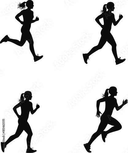 Black silhouette set of athletic women sprinting and running on white background