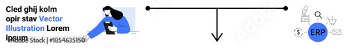 Data management, ERP systems, business processes, teamwork, technology, efficiency. Woman interacting with device, workflow arrows ERP concept icons displayed. Data management and ERP systems theme
