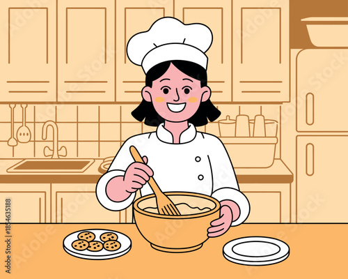 A chef in a kitchen prepares ingredients in a bowl for baking cookies.