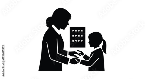 A mother and daughter share a tender moment examining something together in a striking silhouette