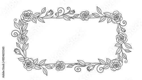 Elegant rectangular floral frame with roses, leaves, and swirls for decorative designs