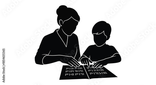 A mother and child are shown in a striking black silhouette working on a creative project together
