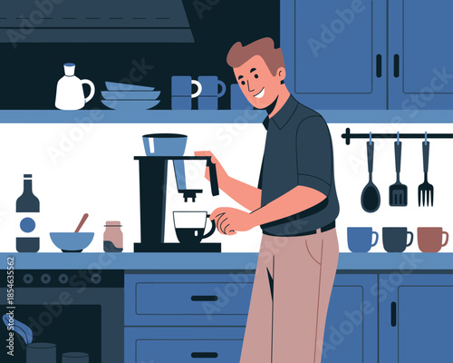 A smiling man is making coffee in a modern kitchen with blue cabinets.