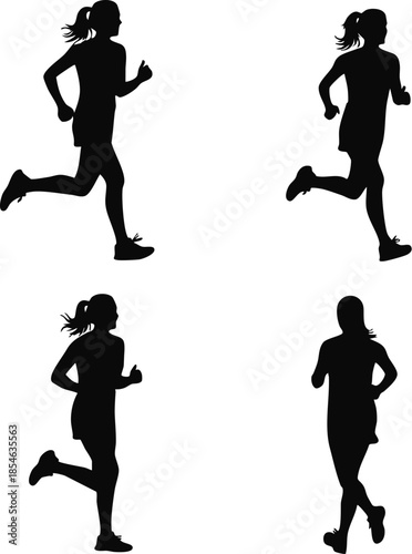 Black silhouette set of athletic women sprinting and running on white background